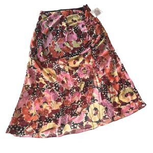 Miss Selfridge Women’s Sheer Ruched Chiffon MIDI Skirt Orange Floral Size 10 NWT